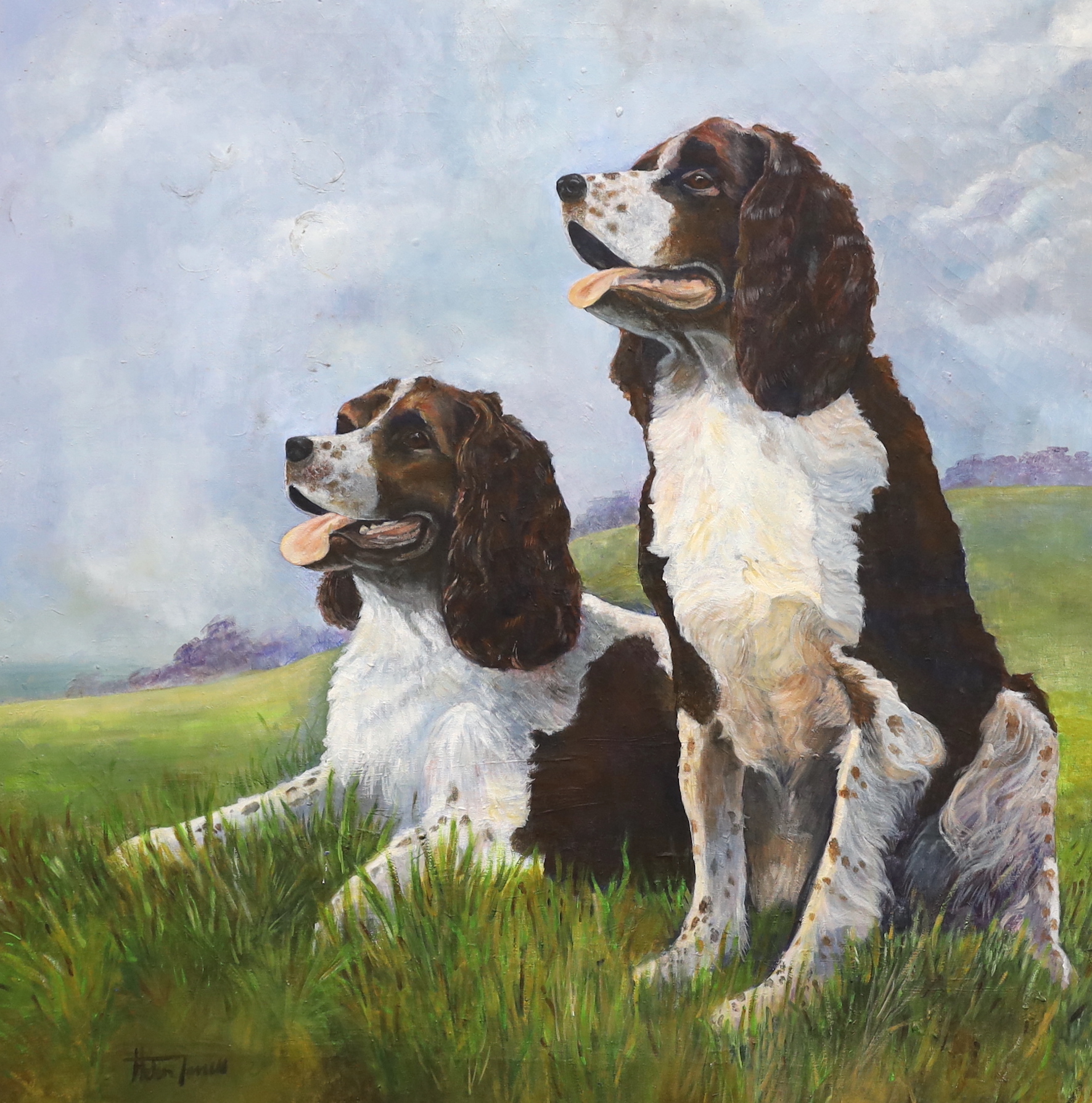 Helen James, oil on canvas, Two Springer Spaniels, signed, unframed, 95 x 94cm